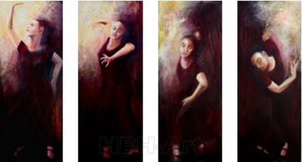 Maleri i en serie på fire oliemalerier. De danner tilsammen en bevægelse i dansen fra højre til venstre. En bevægelse opad. Claire obscure maleri med stor kontrast mellem lys og mørke