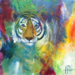 Farverigt maleri af tigerhoved malet i olie på lærred