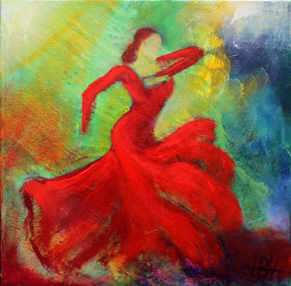 flamencodans maleri af kvinde i rød-orange kjole