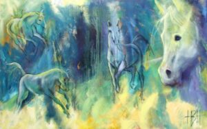 hestemaleri i blå farver med flere heste