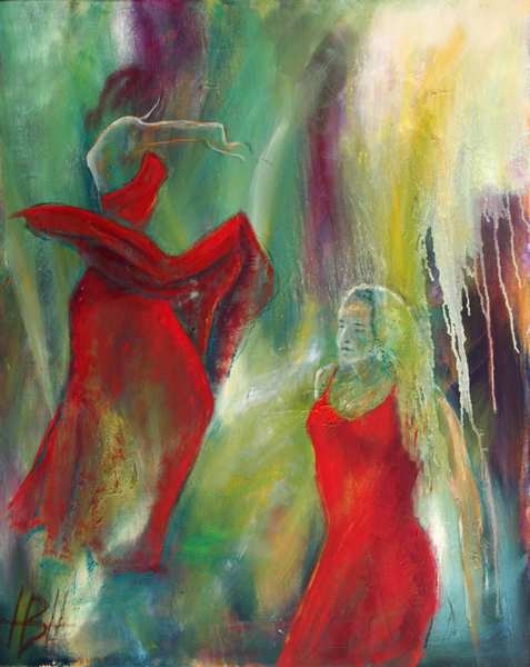 maleri af to dansende kvinde i røde kjoler