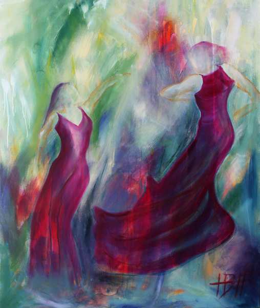 dansemaleri af to flamencodansere i violette kjoler