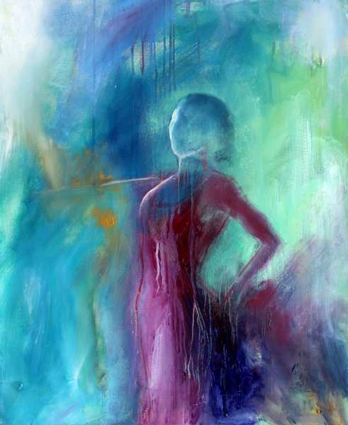 maleri af kvinde i blå farver og violet kjole