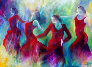 Dansemaleri af fire flamencodansere i røde kjoler. Kvindens kraft