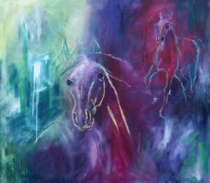 maleri af heste i blå og lilla farver