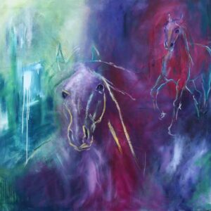 maleri af heste i blå og lilla farver