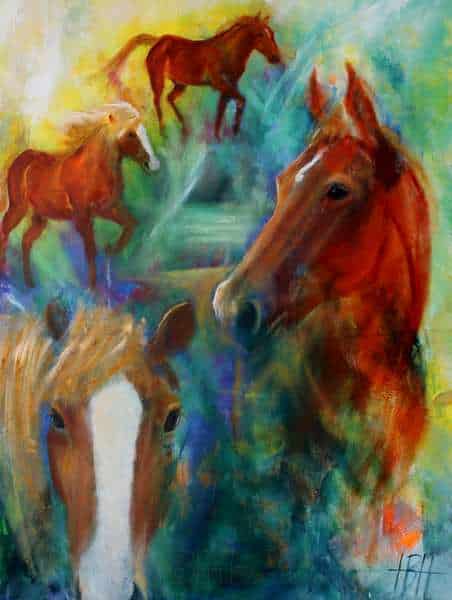 hesteportræt af to heste malet løst på farverig baggrund i blåt, grønt og gult