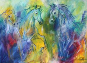 Maleri af heste på en farverig baggrund