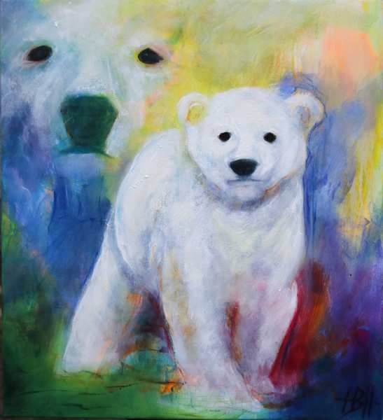 Maleri af isbjørn og unge. De kigger begge to på dig og ungen bevæger sig ud af billedet