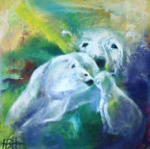 Lille maleri af isbjørnefamilie malet på blå og grøn baggrund i oliefarver på lærred
