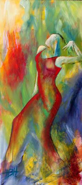 Helbredende malerier - højt og smalt maleri af kvinde i rød kjole
