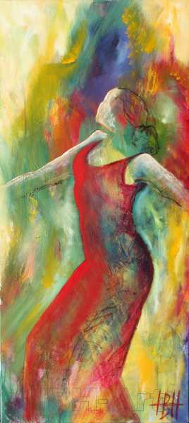 Kunst som alternativ behandling - Farverigt Abstrakt maleri af flamencodanser. Maleriet er i smalt højformat og passer på en smal væg