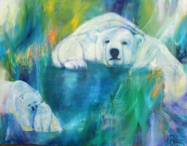Maleri af isbjørne i blålige farver