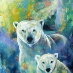 maleri af isbjørn og unge i blågrønne farver