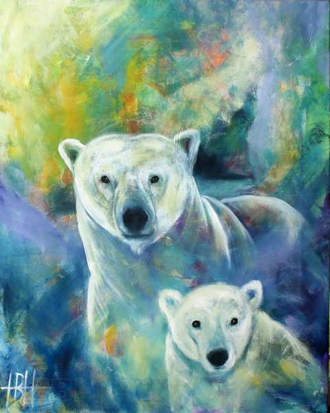 maleri af isbjørn og unge i blågrønne farver