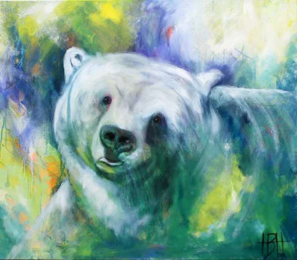 Maleri af bjørn der kigger lige på dig og bevæger sig samme vej. Blå, grønne og gule farver