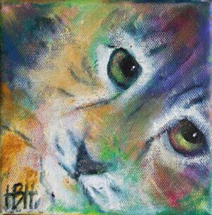 Lille maleri af kat med stærke øjne, der kigger på dig
