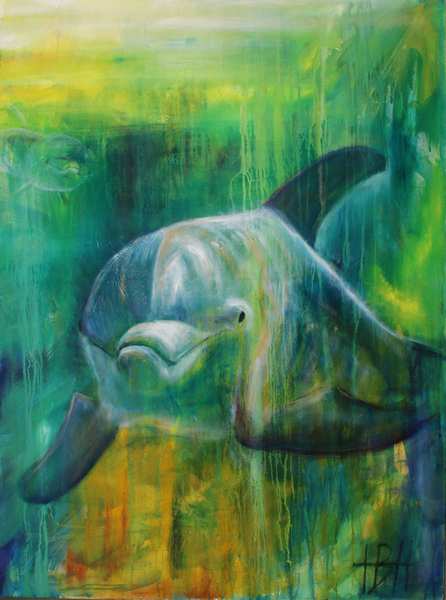 Maleri af delfin under vandet. Delfinen er blålig og havet grønligt