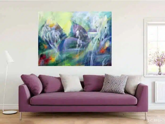Finde malerier Kunst til stuen - Maleri over sofaen. Hestemaleri malet i olie på lærred.