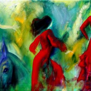 Maleri af dansere og hest. Tre flamencodansere og en blå hest