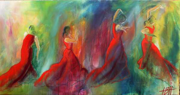 farverigt maleri af dansende kvinder på farverig baggrund