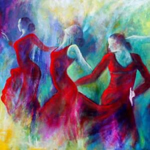 Kvindens kraft kunstkort - kunstkort 15 X 15 cm med print af flamenco dansemaleri af dansere i røde kjoler. Malet i olie på lærred