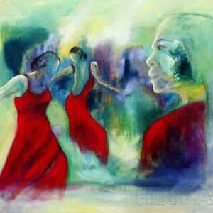 Oliemaleri af flamencodansere i fantasilandskab