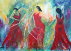 olie maleri af dansende kvinder og lys. De er i rødekjoler og har spindelvævstynde gennemsigtige sjaler