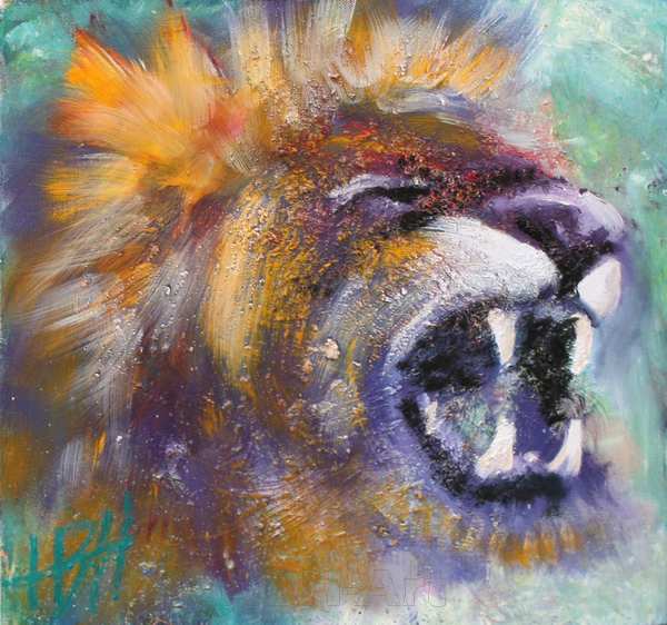 Lille maleri af brølende løve på blå baggrund
