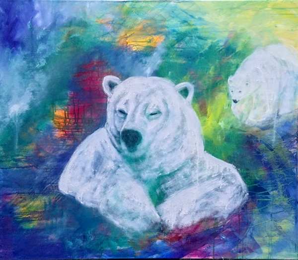 Maleri af to isbjørne med en abstrakt baggrund i blå farver