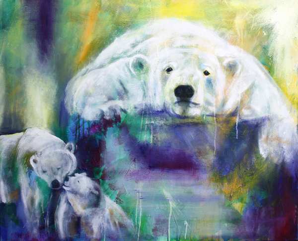 Isbjørne maleri af tre isbjørne på blåviolet og gullig baggrund