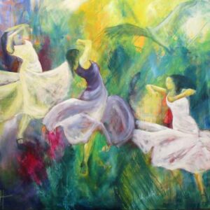 Malerier af dansere, der svinger sig gennem maleriet. To af dem i hvide kjoler og en i lys violet. Over dem svæver en ørn