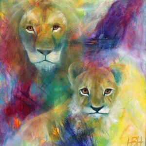 Maleri af løve og unge på farverig baggrund