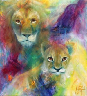 Maleri af løve og unge på farverig baggrund