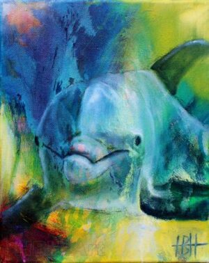 Maleri af delfin, der kigger direkte på dig.