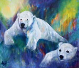 Maleri af isbjørne i kølige farver. Men varmen lurer lige bagved