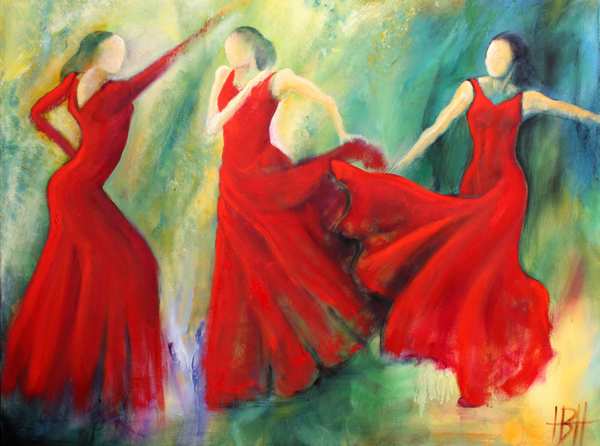 Maleri af tre røde dansere på farverig baggrund