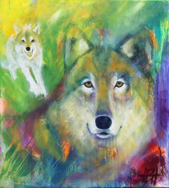 Maleri af to ulve. Den ene tæt på og en hvid ulv, der kommer løbende bagved