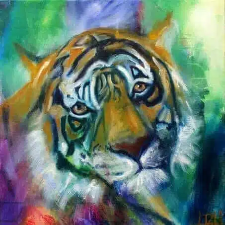 Farverigt maleri af Totemdyr - Tiger, der kigger direkte på dig