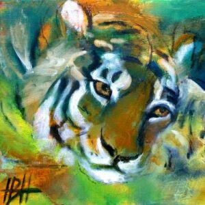 Lille maleri af liggende tiger med hovedet på poterne. Malet i olie på lærred