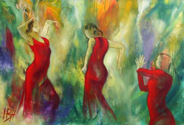 oliemaleri af røde dansere med bevægelse mod en farverig baggrund. Kunst som alternativ behandling