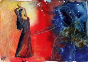 akvarel i blå og røde farver af to flamencodansere