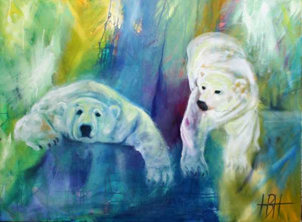 Maleri af to isbjørne på en blå og grøn baggrund