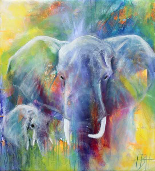 Maleri af blå elefant og unge på en farverig baggrund