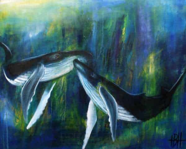 maleri på bestilling af to pukkelhvaler under vand