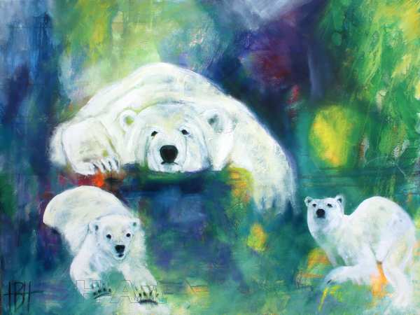 Dyremalerier - af isbjørne på blå og grøn baggrund