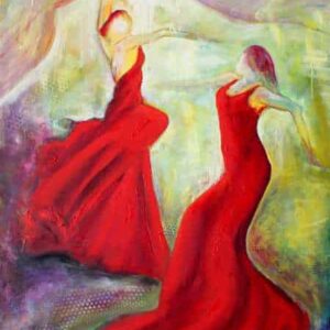 Maleri af flamencodansere i røde kjoler. Det er malet i olie på lærred. Den ene kvinde svinger et sjal af lys over dem begge to
