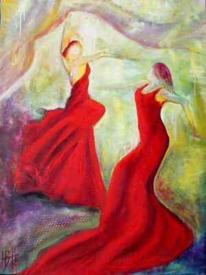 Maleri af flamencodansere i røde kjoler. Det er malet i olie på lærred. Den ene kvinde svinger et sjal af lys over dem begge to