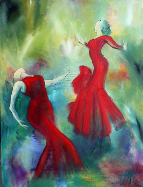 maleri af damer i røde kjoler