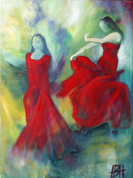 maleri af røde dansende kvinder, Den ene går fremad, den anden svinger med kjolen